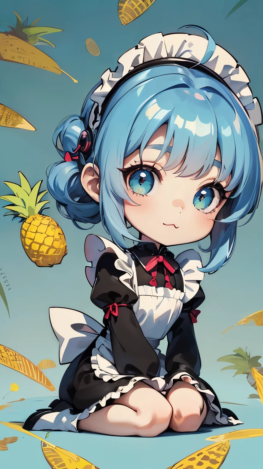 ((style:Colored pencil,pale colour)),(Chibi animation、One Chibi、masterpiece、Colored pencilで描かれた:1.2)、(Chibi Body、Small face、Cute all over、Light blue hair color, Short chignon hair:1.4),(Highly detailed eyes、Golden Eyes、Breast enlargement、Gloss Lip、 :3, Ahoge, Very thin legs)、(Big fresh pineapple:1.5)、(Maid、Gothic Lolita:1.5),(The wind is blowing、Hold your knees、Pineapple Wallpaper、Holding a pineapple、Highly detailed art gems:1.4)、(Cartoon character close-up, splash art anime, アニメ 萌え アートstyle, change, Stylized anime, かわいいアートstyle, Anime-style illustrations, 8k, Cute girl anime visuals)