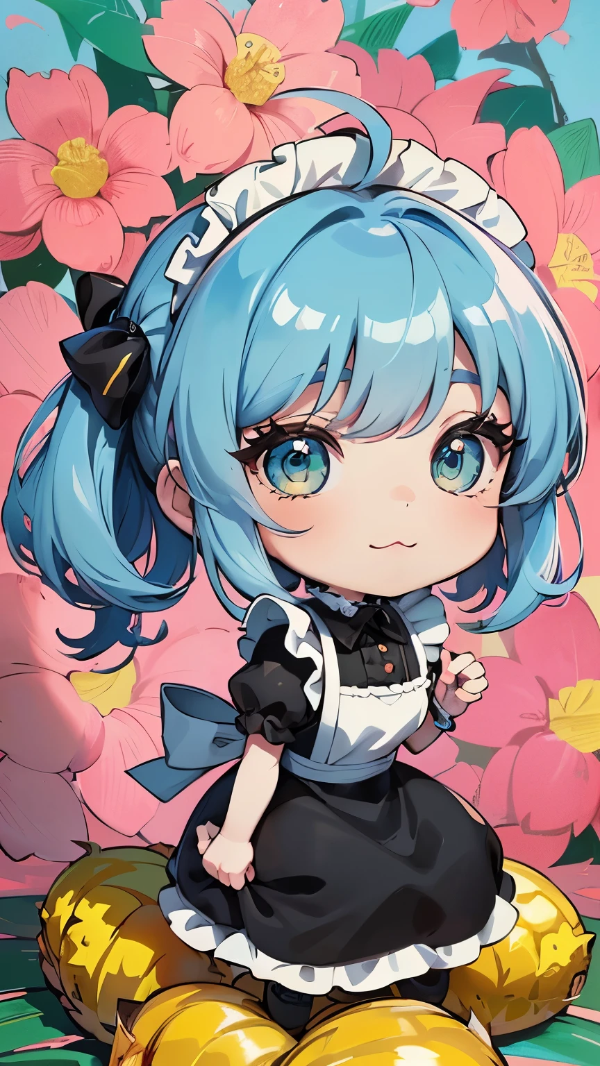 ((style:Colored pencil,pale colour)),(Chibi animation、One Chibi、masterpiece、Colored pencilで描かれた:1.2)、(Chibi Body、Small face、Cute all over、Light blue hair color, Short chignon hair:1.4),(Highly detailed eyes、Golden Eyes、Breast enlargement、Gloss Lip、 :3, Ahoge, Very thin legs)、(Big fresh pineapple:1.5)、(Maid、Gothic ta:1.5),(The wind is blowing、Hold your knees、Pineapple Wallpaper、Holding a pineapple、Highly detailed art gems:1.4)、(Cartoon character close-up, splash art anime, アニメ 萌え アートstyle, change, Stylized anime, かわいいアートstyle, Anime-style illustrations, 8k, Cute girl anime visuals)