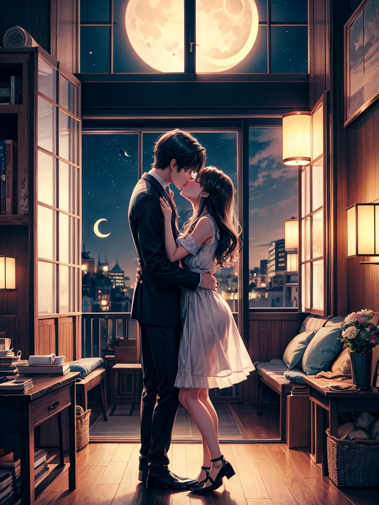 Kissing man and woman、night、Inside the room、Outside the large window, there is a crescent moon、City street lights、river、Romantic mood、