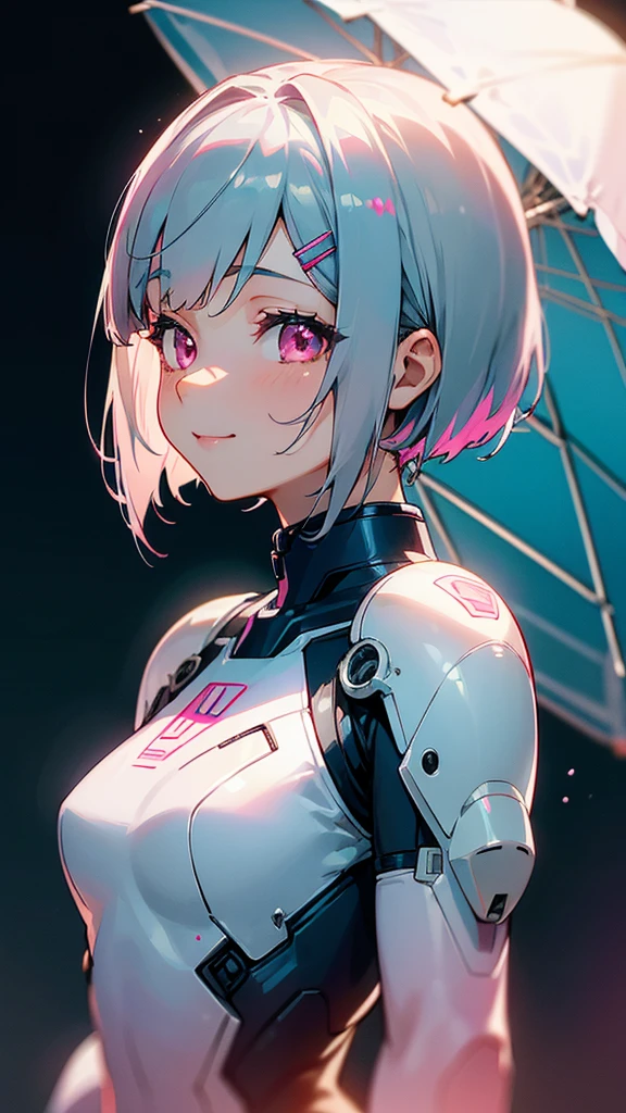 1 girl、8k、Sharp focus、(Bokeh) (Highest quality) (Detailed skin:1.3) (Intricate details) (anime)、Short silver bob hair held together with a hair clip, Pink Eyes、White and blue pilot suit、smile、From the side、Upper body close-up