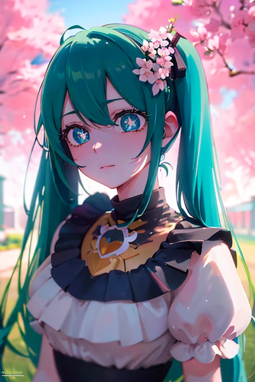 Hatsune Miku, , long blue twin tails, green eyes, detailed facial features, beautiful detailed eyes, beautiful detailed lips, extremely detailed face, longeyelashes, figure, standing pose, school background, outdoors, cherry blossom trees, sunlight, vibrant colors, soft lighting, photorealistic, 8k, best quality, intricate details, anime style, digital art