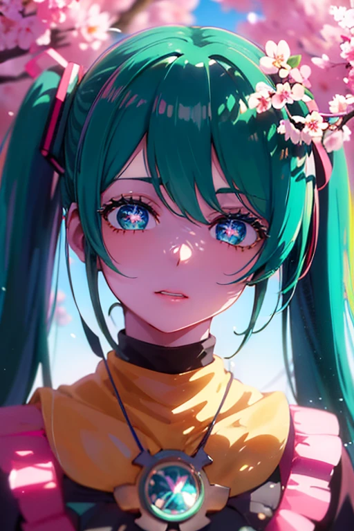 Hatsune Miku, , long blue twin tails, green eyes, detailed facial features, beautiful detailed eyes, beautiful detailed lips, extremely detailed face, longeyelashes, figure, standing pose, school background, outdoors, cherry blossom trees, sunlight, vibrant colors, soft lighting, photorealistic, 8k, best quality, intricate details, anime style, digital art