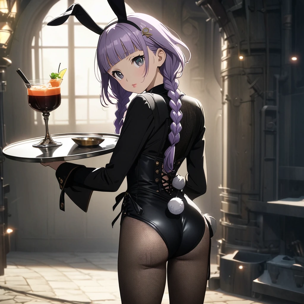 (Cute a girl:1.5), (a girl with closs hair pin, pale purple hair, wavy two braids, blunt bangs hair, green and black eyes, closs hair pin,pink lips,
:1.4), soft cleans,anime visual, (tilt head:1.3), realistic lighting and shading, (an extremely delicate and beautiful art:1.3),muted colors,Steampunk world, Black fishnet stockings, black playboy bunny girl costume, black rabbit ears, carrying a tray with a cocktail in one hand, from behind, looking back at viewer,