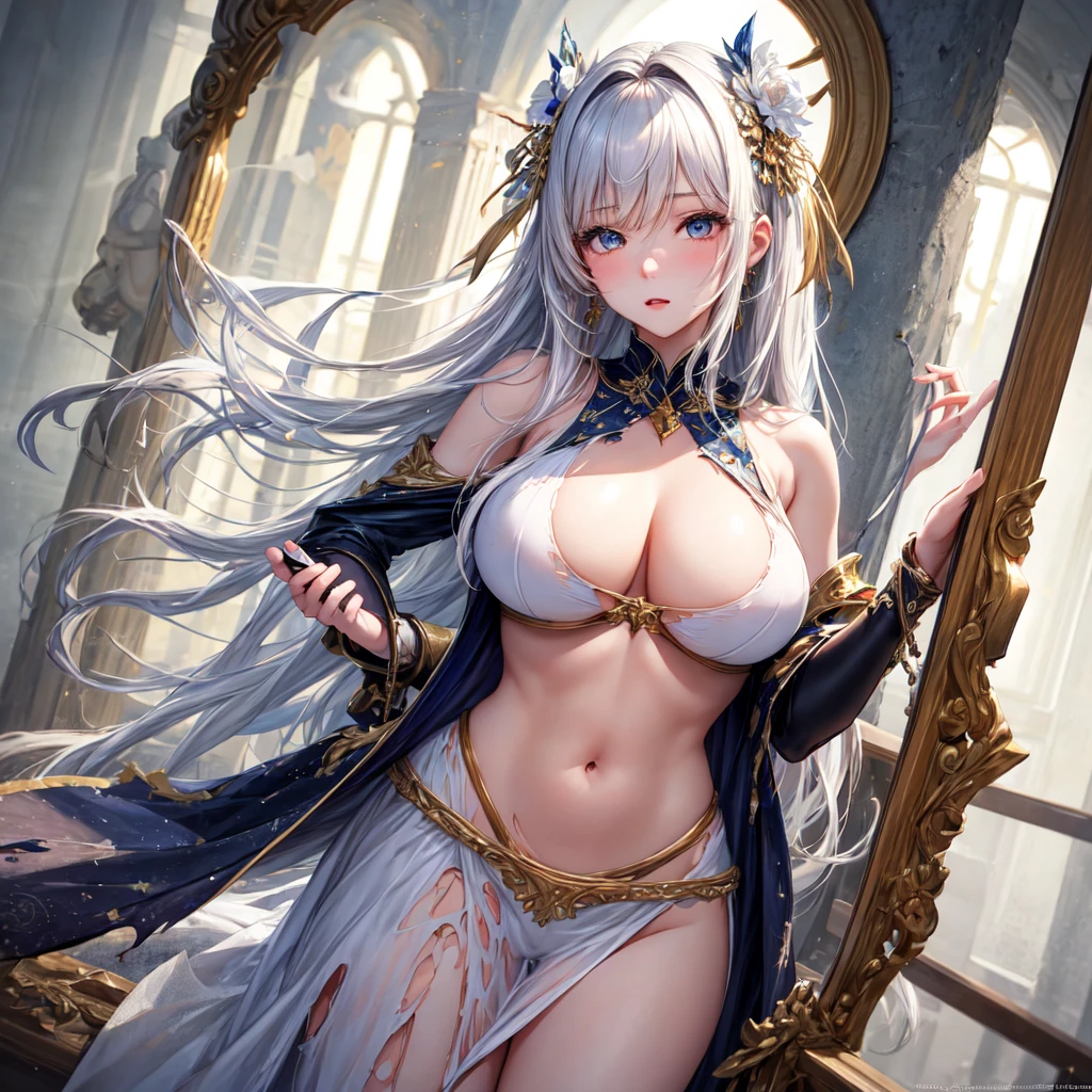 ((best quality)), ((masterpiece)), (detailed), 1 woman,chic,sexy,Torn eyes,big bust,white long hair,white eyes,Modern