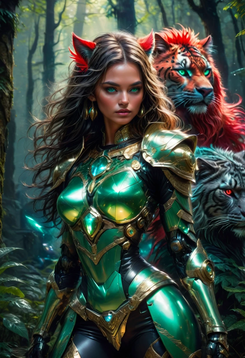 In a world where pixels imitate reality, an elegant cybernetic panther prowls under a digital moon accompanied by a cybernetic figure dressed as a beautiful warrior woman, a masterpiece, beautiful and detailed face, dark green tanned, clear and detailed eyes , serious appearance, long messy hair, red feathers on the head, discreet jewelry, choker with colored stones, shiny female armor with golden details, muscular belly showing, sword and shield in hands, heavy fabric skirt with metal details, background of dense forest and an old abandoned castle, the night light illuminates the hair, best quality, masterpiece, very aesthetic, perfect composition, intricate details, ultra-detailed.UHD.a night black cover full of unknown symbols and intricate neon. This stunning photo captures the metallic shine of its robotic fur.