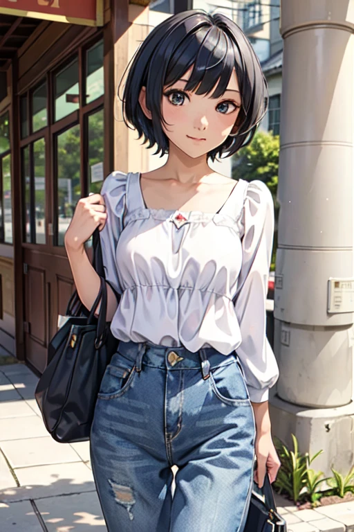 ((masterpiece, Highest quality, Very detailed)), girl, alone, ruri gokou,
Fashion Model, Cute female models, Girlish style, Blue ruffle blouse, Denim pants, Casual Tote Bag, Street Corner, Cafe, Soft Light