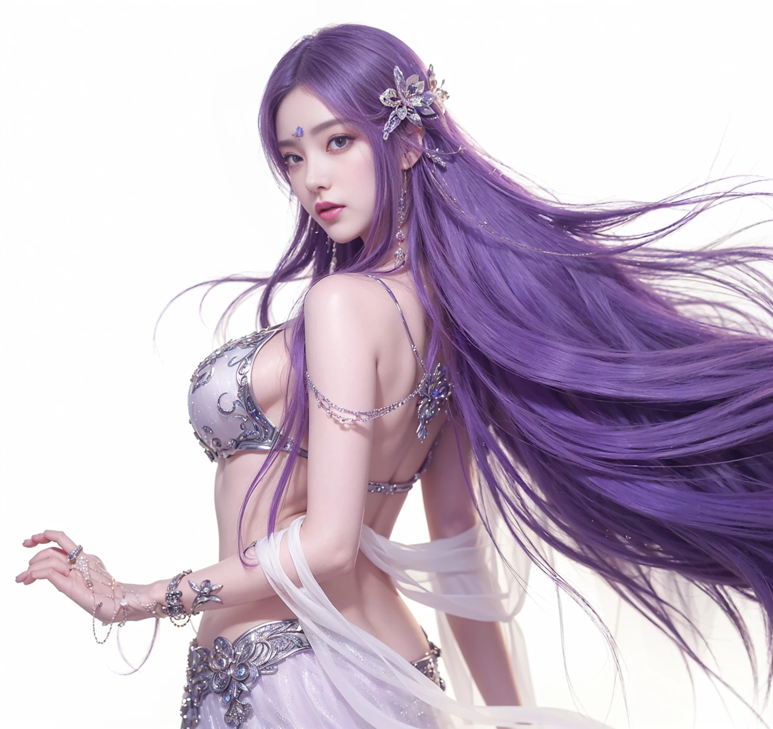 a beautiful fantasy goddess, 1girl, long purple hair, white dress, jewelry, two piece outfit, detailed face, intricate dress, elegant pose, fantasy art, digital art, highly detailed, vibrant colors, cinematic lighting, photorealistic, award winning artwork, masterpiece,korean face