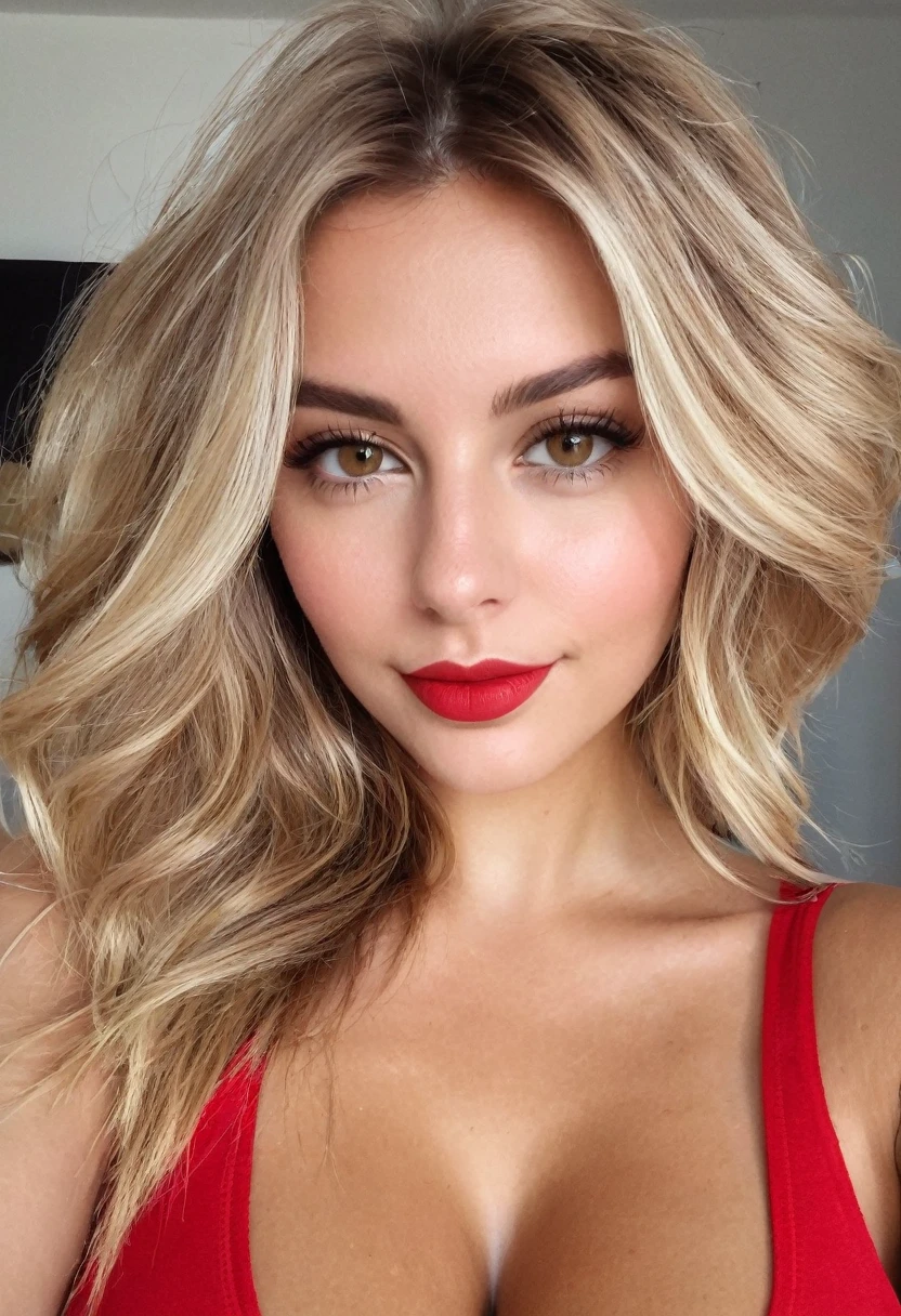 une femme blonde de 23 ans, gros seins, vu de loin, maquillage léger, cheveux blond with light brown roots. cheveux blond, Cheveux aux racines brunes, cheveux très longs, belle, vue de face, selfie, prix photo avec iPhone, élégante chemise rouge avec escote, sur la plage, Haute qualité, grain de beauté sur la joue droite