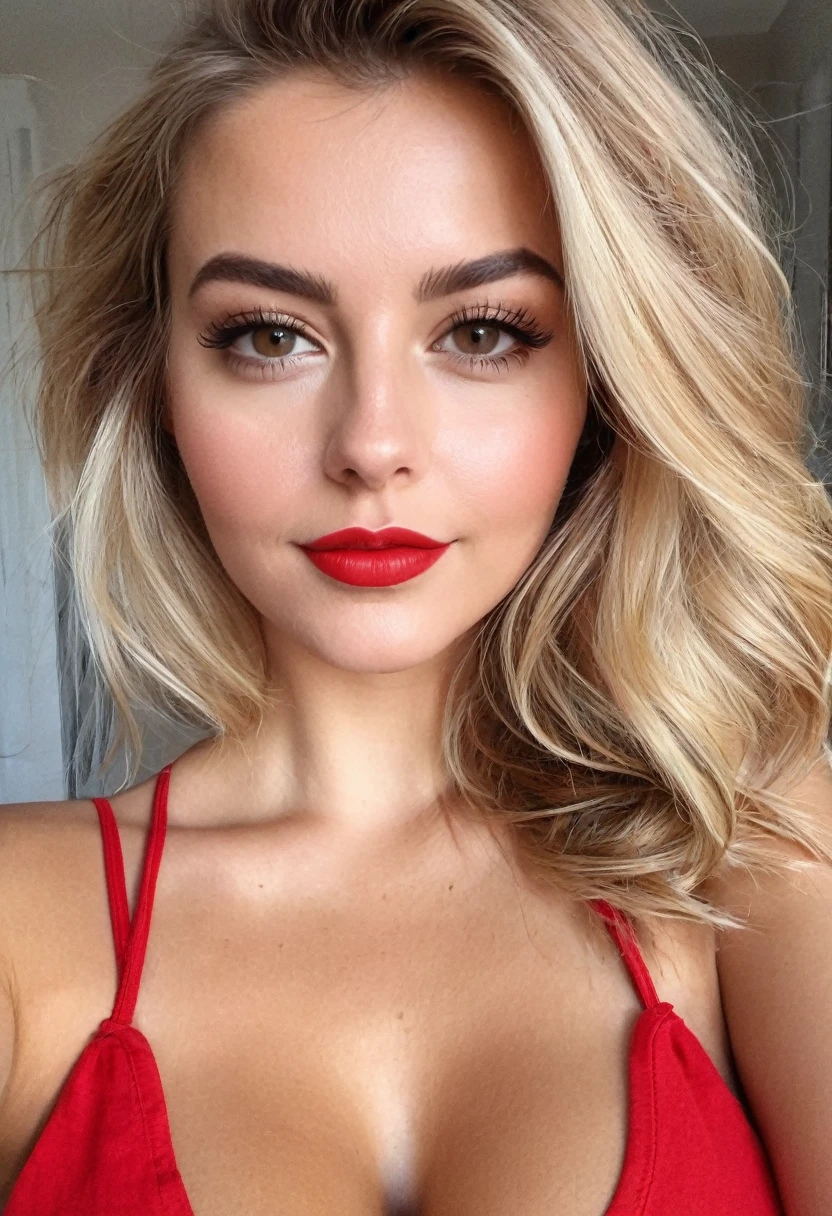 une femme blonde de 23 ans, gros seins, vu de loin, maquillage léger, cheveux blond with light brown roots. cheveux blond, Cheveux aux racines brunes, cheveux très longs, belle, vue de face, selfie, prix photo avec iPhone, élégante chemise rouge avec escote, sur la plage, Haute qualité, grain de beauté sur la joue droite