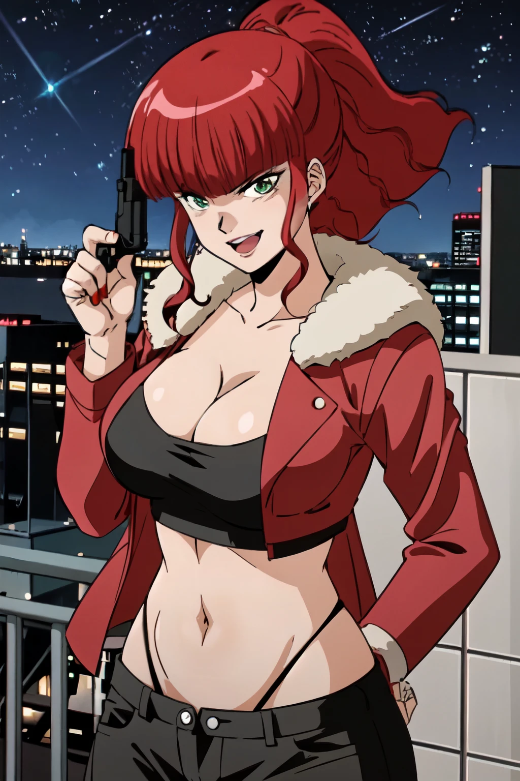 jungfreud,1girl,
short hair,ponytail,wavy hair,red hair,blunt bangs,green eyes,
blush, lipstick, long hair, crazy eyes ,Hot girl, baddie, staring, glaring, bad attitude, mean girl, crazy, smoking, sensual, attractive, outdoors, rooftop, cityscape, building, railing, night, night sky, scenery, city lights, fur trim, mature female, gloves, fur-trimmed coat ,masterpiece, best quality, highly detailed, a girls with a gun, evil smile , open mouth, sexy gaze, badass
pose , evil smile, smile, (nsfw) not safe for work, guns blazing, anime girl with long hair, beautiful long
haired girl, navel, evil expression, exposed belly, exposed navel, exposed midriff, exposed lower belly,
long black pants, crop top, cleavage, unbuttoned leather pants ,open fly, low rise black leather pants,
leather jacket, holding a gun, holding pistol