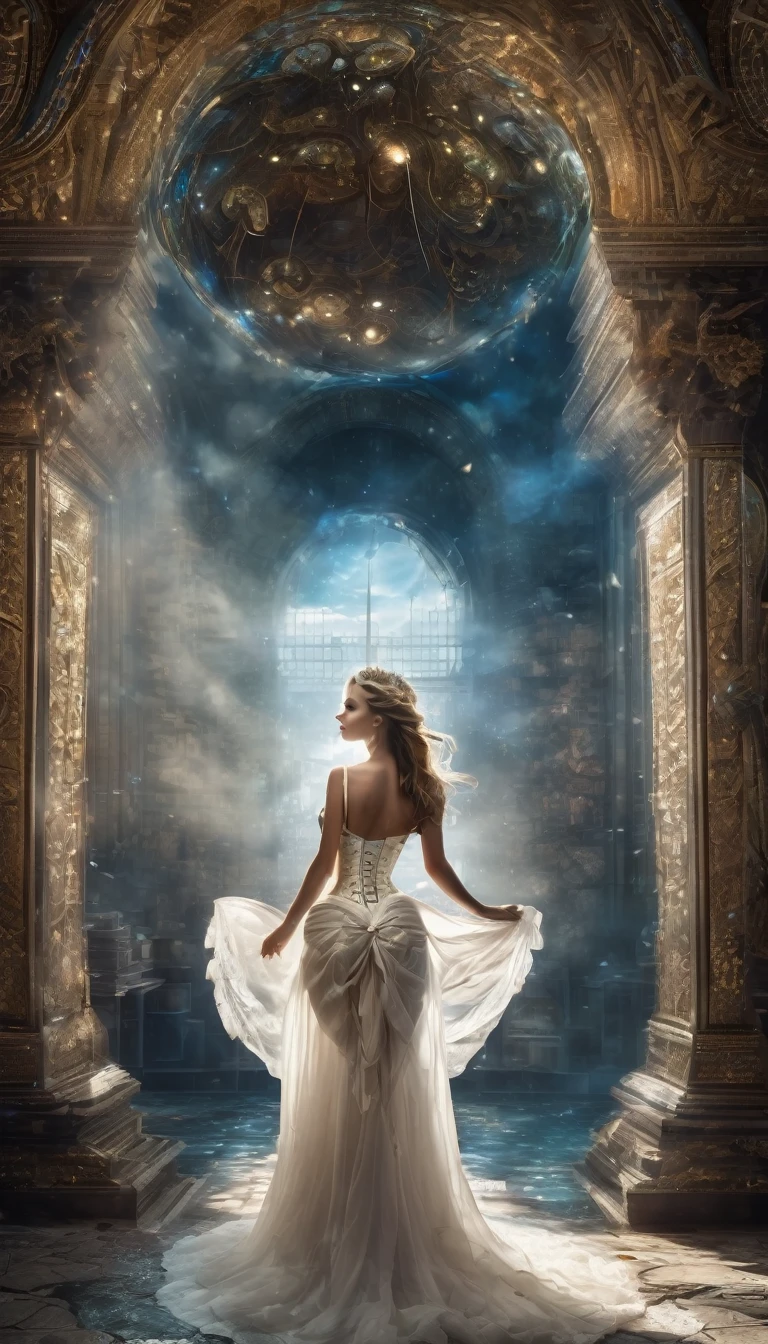 Surrealism, mysterious, bizarre, fantastic, fantasy, romantic porn, the time machine that devours love, the macrocosm of the imaginary world and the microcosm of the real world correspond, a memo on fantastic style of medieval architecture, beautiful young Amazon, blue eyes , Huge breast, white mini corset, perfect voluminous body, detailed masterpiece Cinematic lighting with sharp focus and hyper-realistic