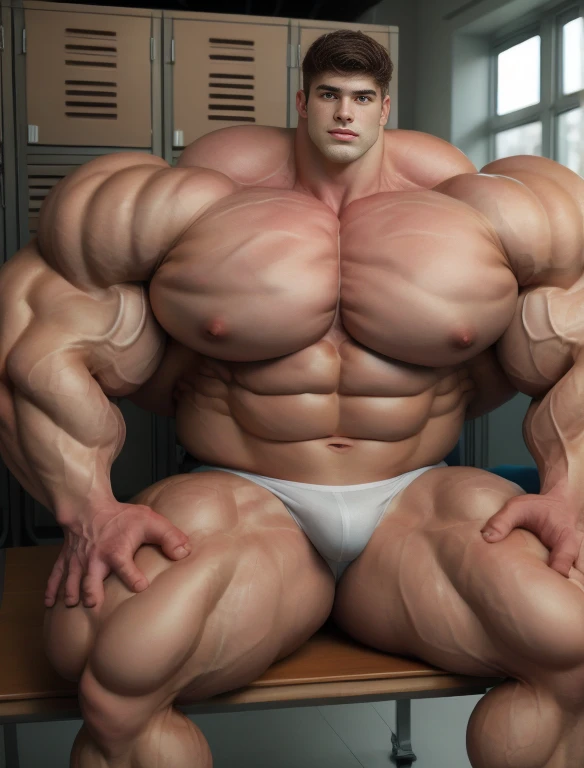 1boy, giant, giant bodybuilder, stand, warm light, strong body, bulk, large size, staring, sitting on bench in the locker room, open legs, nude, white triangular underwear, prominent bulge, extraordinary big, brutalmass, giant, muscular body, bulk, buff, massive body, large meaty body size, extremely wide body, hairy body