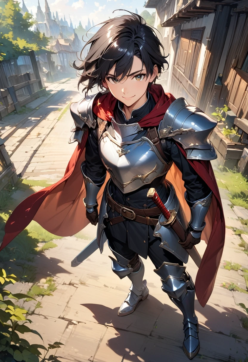 (masterpiece),(best quality),(ultra-detailed),(best illustration),(best shadow),(absurdres),(detailed background),(very aesthetic), 1boy, male-focus, armor, solo, cape, black-hair, gloves, holding, smile, belt, boots, full-body, standing, greaves, armored-boots, shoulder-armor, sheath, breastplate, pauldrons, short-hair, ((hair in the wind))