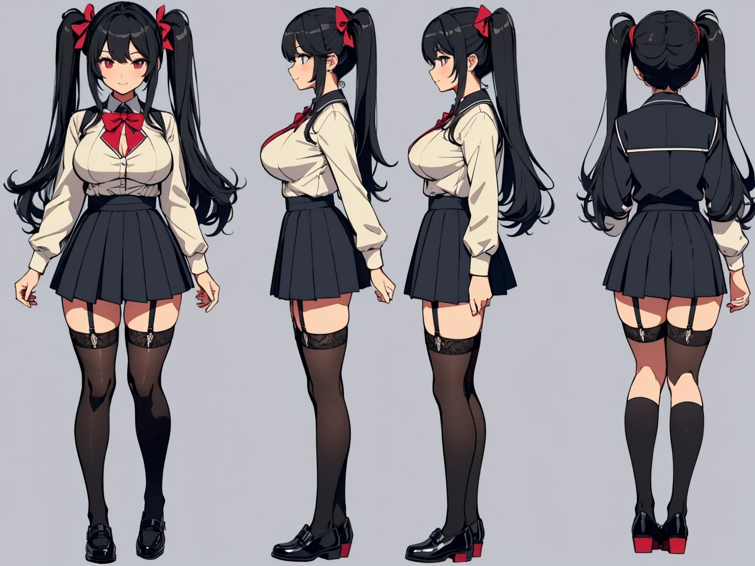 woman, student, sexy body, curvy body, big breasts, cleavage, red eyes, long straight black hair, ((twintail hairstyle)), big hip, ((stockings, garter belts, student uniform, school-uniform)), smiling, beautiful face, detailed face, very detailed, beautiful eyes, full body, full body shot, high quality, detailed background, high resolution, 8k resolution, ultra high detail, character sheet, front side back view
