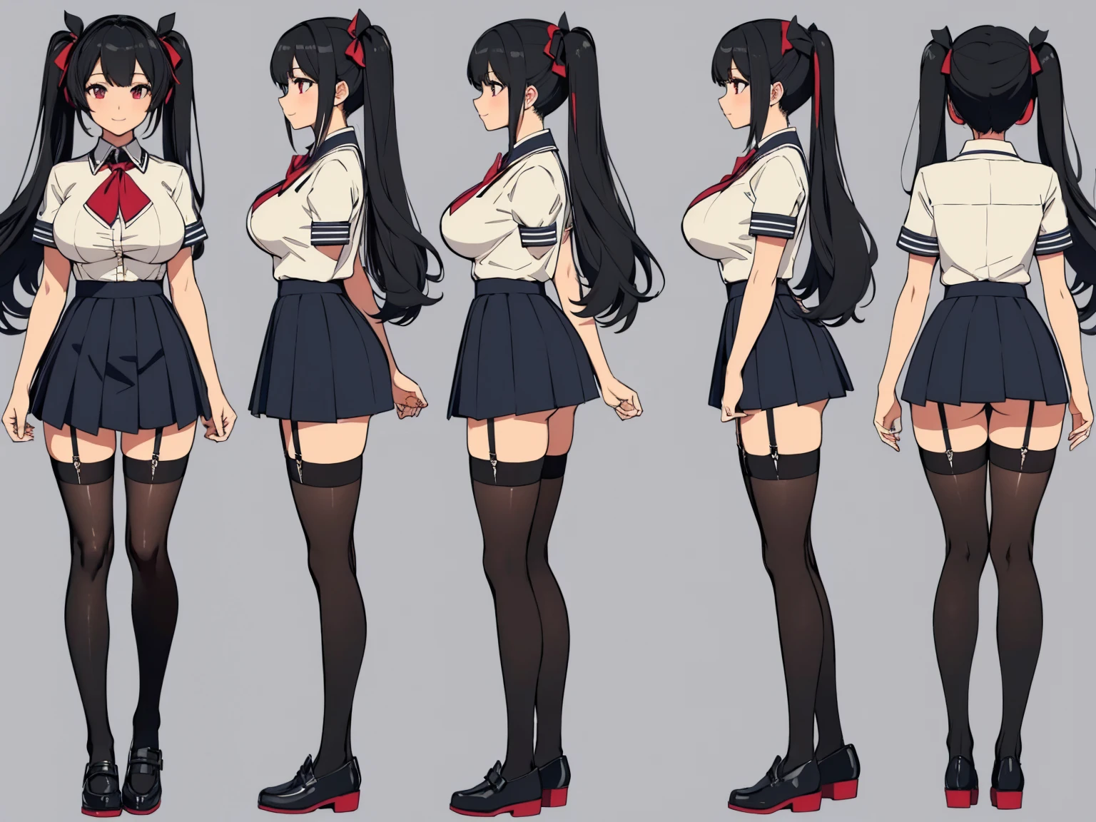 woman, student, sexy body, curvy body, big breasts, cleavage, red eyes, long straight black hair, ((twintail hairstyle)), big hip, ((stockings, garter belts, student uniform, school-uniform)), smiling, beautiful face, detailed face, very detailed, beautiful eyes, full body, full body shot, high quality, detailed background, high resolution, 8k resolution, ultra high detail, character sheet, front side back view