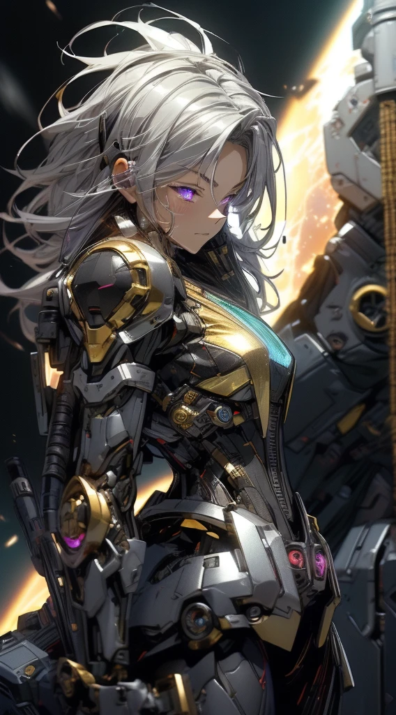 top-quality、Top image quality、masterpiece、girl with((black mecha suit、Shining gold mech suit、18year old、 Ager、cute little、Best Bust、big bast,Beautifully shining purple eyes open wide, Messy silver hair、Longhaire、A slender,big moves in volleyball,mechanic jet pack、headphone pose、running splatter、sucked into a black hole)),hiquality、Beautiful Art、Background with((Shining galaxy world Lucky hole)))、,masutepiece、depth of fields,Cinematic style