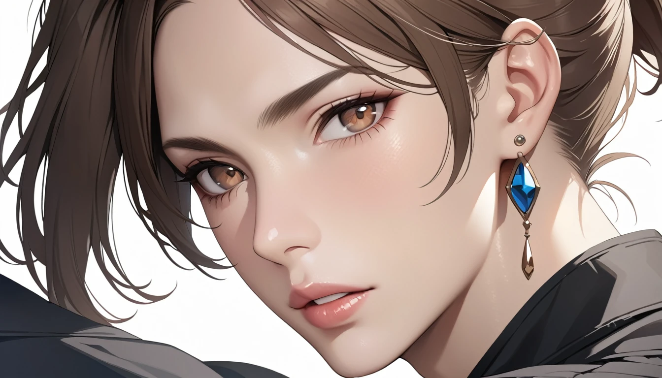 1boy, solo, looking at viewer, simple background, brown hair, white background, brown eyes, jewelry, ponytail, earrings, parted lips, lips(Highest quality, 8k HD, high resolution, masterpiece: 1.2) (realistic, photorealistic) (animation, anime characters)