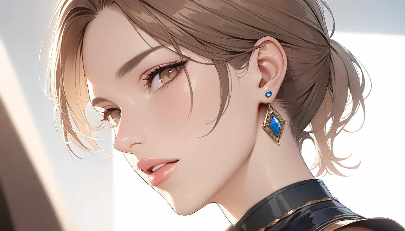 1boy, solo, looking at viewer, simple background, brown hair, white background, brown eyes, jewelry, ponytail, earrings, parted lips, lips(Highest quality, 8k HD, high resolution, masterpiece: 1.2) (realistic, photorealistic) (animation, anime characters)