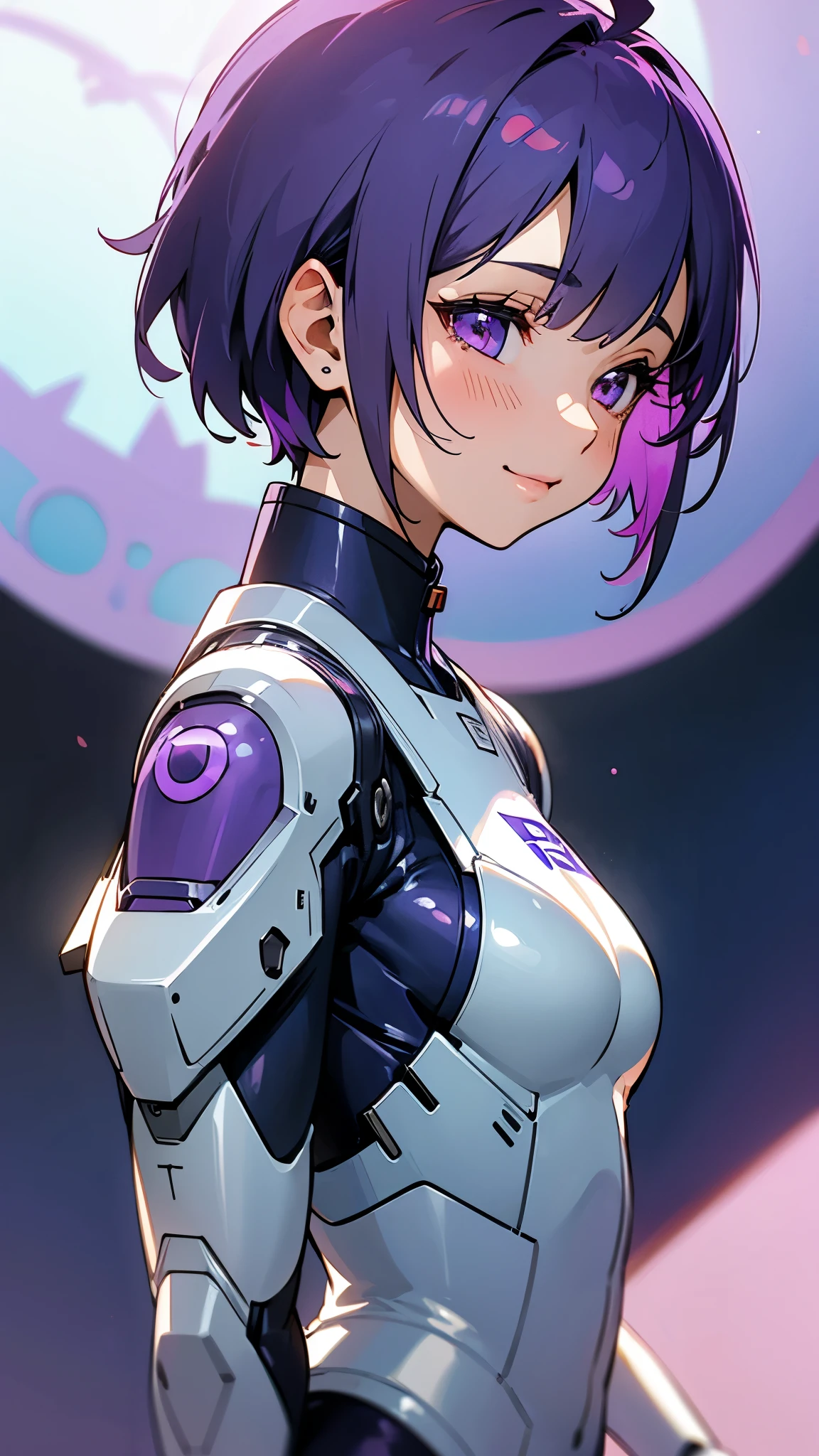 1 girl、8k、Sharp focus、(Bokeh) (Highest quality) (Detailed skin:1.3) (Intricate details) (anime)、Purple short bob hair, Violet Eyes、White and blue pilot suit、smile、profile、Upper body close-up