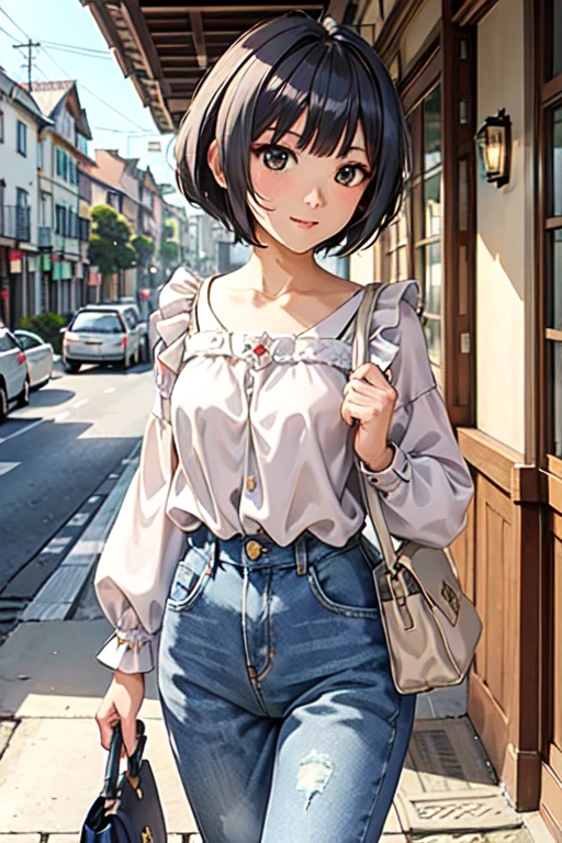 ((masterpiece, Highest quality, Very detailed)), girl, alone, ruri gokou, 
Fashion Model, Cute female models, Girlish style, Blue ruffle blouse, Denim pants, Beige casual tote bag, Street Corner, Cafe, Soft Light