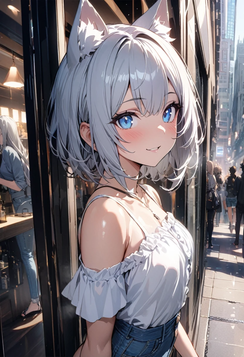 1girl、(((best quality)), ((masterpiece)), (details), masterpiece, best quality, high quality, ulutra detailed, perfect face, ((1girl, Blue eyes, cat ears: 1.3 silver bob hair: 2.5,))、Shiny Hair、Glowing Skin、Happy face、Lustful look、White off-shoulder、valley、(Denim Corset:1.4)、Denim shorts、Sandals、Window Shopping、Stylish cityscape、morning、