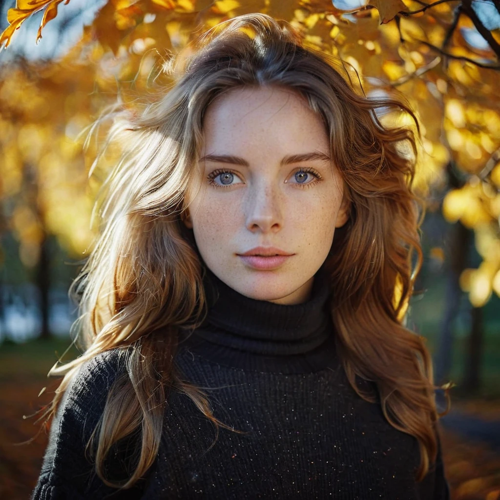 RAW Photo, portrait of European white beautiful girl, natural skin, high detailed skin, sharp eyes, reflection eyes, big breast, natural hair, | black cotton roll-neck sweater, | park, fall, yellow & red leaves, before winter, golden hour, | flashlight, kodak portra 160 120, film camera, Mamiya rz67 pro ii