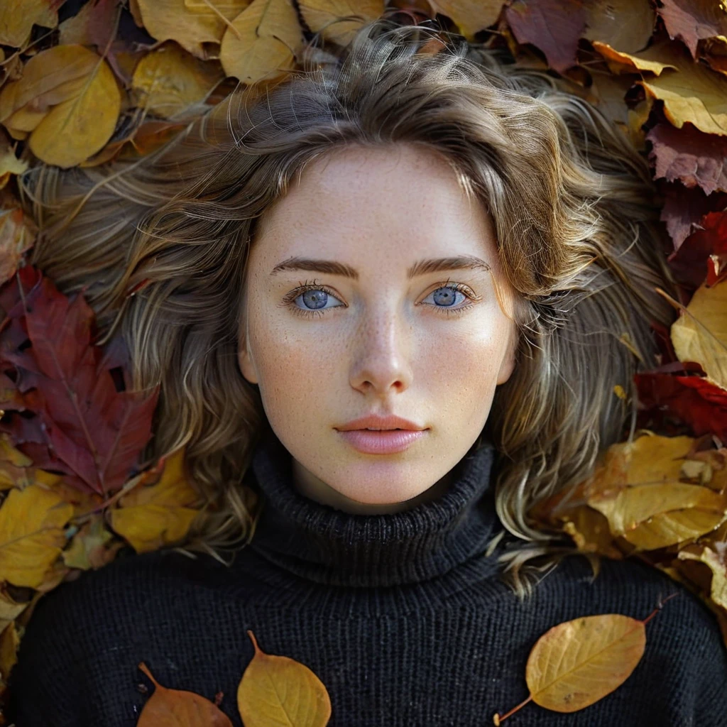 RAW Photo, portrait of European white beautiful girl, natural skin, high detailed skin, sharp eyes, reflection eyes, big breast, natural hair, | black cotton roll-neck sweater, | park, fall, yellow & red leaves, before winter, golden hour, | flashlight, kodak portra 160 120, film camera, Mamiya rz67 pro ii