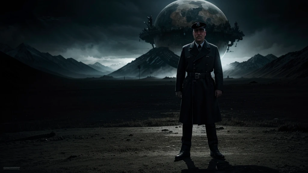 A hyperrealistic digital painting of Adolf Hitler standing dominantly on top of a globe, with his hands on his hips and an expression of malevolent triumph. The background is dark and ominous, with shadows emphasizing his figure. The image should have a 16:9 aspect ratio.