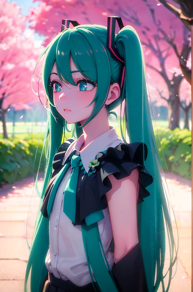 Hatsune Miku, , long blue twin tails, green eyes, detailed facial features, beautiful detailed eyes, beautiful detailed lips, extremely detailed face, longeyelashes, figure, standing pose, school background, outdoors, cherry blossom trees, sunlight, vibrant colors, soft lighting, photorealistic, 8k, best quality, intricate details, anime style, digital art