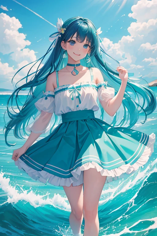 masterpiece, Highest quality, High resolution, Aqua, Long Hair, Blue Hair, Hair Ring, hair ornaments, choker, Exposing shoulders, Green ribbon, Blue Shirt, Removable sleeves, Blue Skirt, Knee socks, smile, Open your mouth, Are standing, wave hands, town,