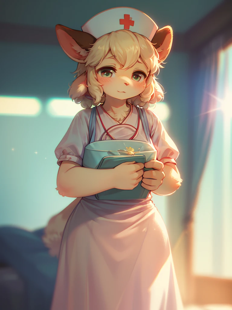 (Sumilux f1.4 50mm , low Latitude old color negative film , cross process , bokeh, flare, chromatic aberration , soft focus, (Shallow focus) , soft glow , Maximum aperture, High Key , Transparent depiction)  , sheep mom nurse , in the hospital , Nursing uniform , Urine collection assistance , and patient