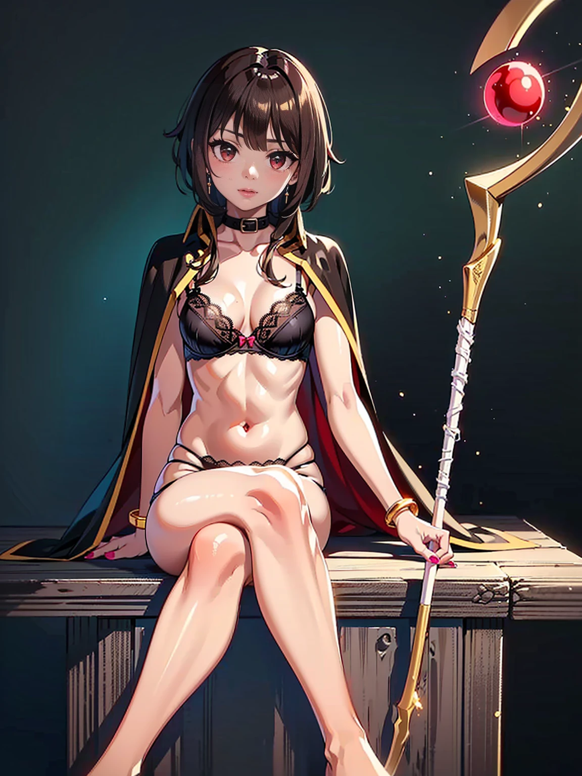 ((1girl, solo ,alone, megumin, short hair, red eyes, brown hair, ((short woman, small breasts)), painted nails, gold bracelets, ruby earrings)), ((solo, 1woman, pink lipstick, Extremely detailed, ambient soft lighting, 4k, perfect eyes, a perfect face, perfect lighting, a 1girl)), austere, ((sitting on a throne, ((lace lingerie, black panties, black bra, brown cape, holding a wizard's staff, barefoot, Roman, sitting, legs crossed))