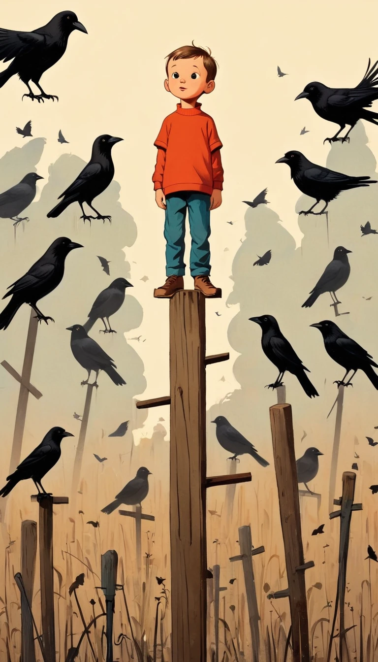 Ewa Poklewska-Koziełło，Cartoon graffiti ，Little boy standing on wooden stake，A flock of crows surrounds，Fear of heights，whole body, Solid color background