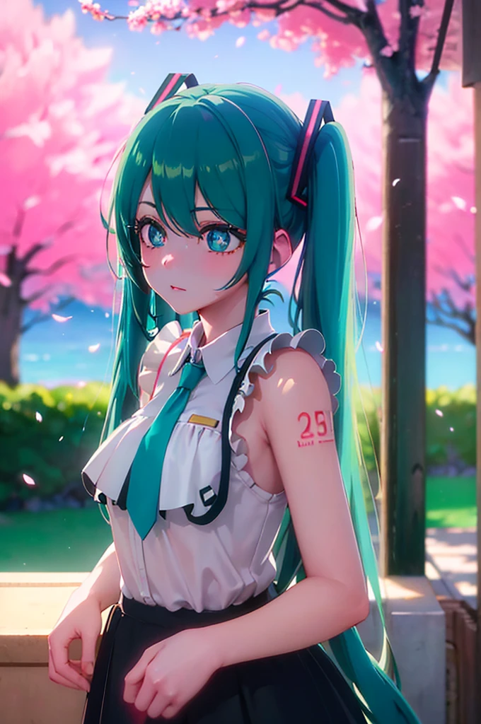 Hatsune Miku, , long blue twin tails, green eyes, detailed facial features, beautiful detailed eyes, beautiful detailed lips, extremely detailed face, longeyelashes, figure, standing pose, school background, outdoors, cherry blossom trees, sunlight, vibrant colors, soft lighting, photorealistic, 8k, best quality, intricate details, anime style, digital art
