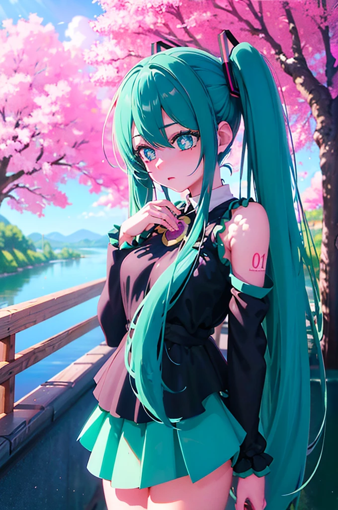 Hatsune Miku, , long blue twin tails, green eyes, detailed facial features, beautiful detailed eyes, beautiful detailed lips, extremely detailed face, longeyelashes,  figure, standing pose, school background, outdoors, cherry blossom trees, sunlight, vibrant colors, soft lighting, photorealistic, 8k, best quality, intricate details, anime style, digital art