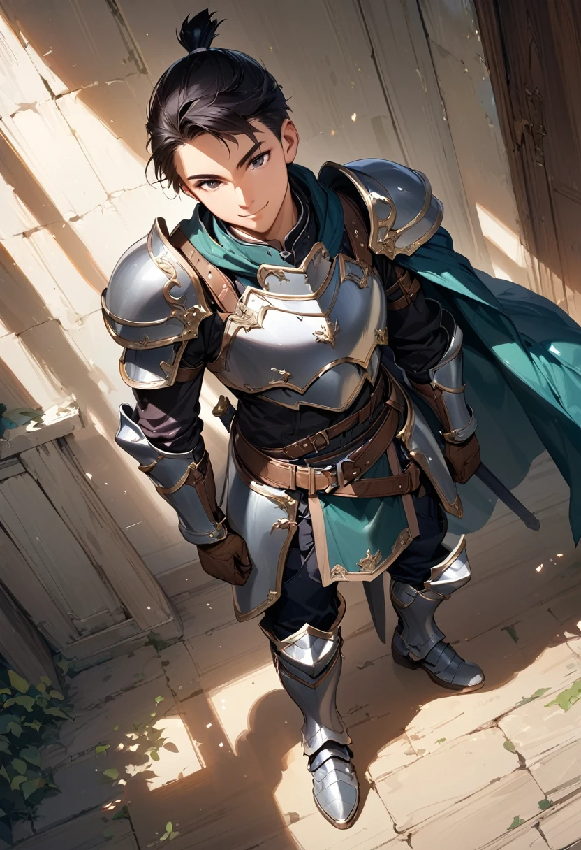 (masterpiece),(best quality),(ultra-detailed),(best illustration),(best shadow),(absurdres),(detailed background),(very aesthetic), 1boy, male-focus, armor, solo, cape, black-hair, gloves, holding, smile, belt, boots, full-body, standing, greaves, armored-boots, shoulder-armor, sheath, breastplate, pauldrons, short-hair, topknot
