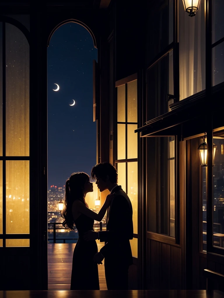 Kissing man and woman、The two of us are silhouettes in the moonlight、night、Inside the room、Outside the large window, there is a crescent moon、City street lights、river、Romantic mood、