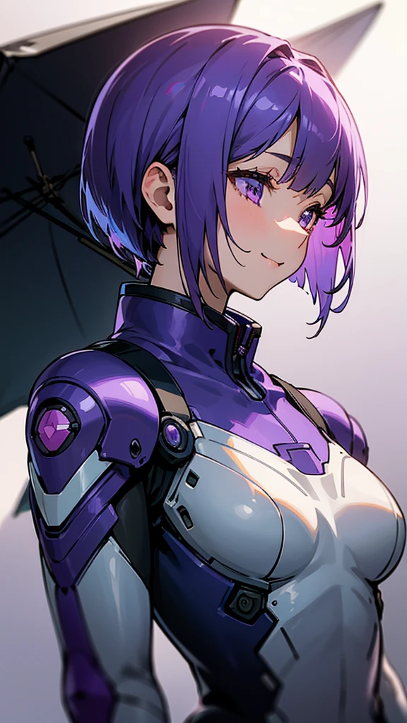 1 girl、8k、Sharp focus、(Bokeh) (Highest quality) (Detailed skin:1.3) (Intricate details) (anime)、Purple short bob hair, Violet Eyes、White and blue pilot suit、smile、profile、Upper body close-up