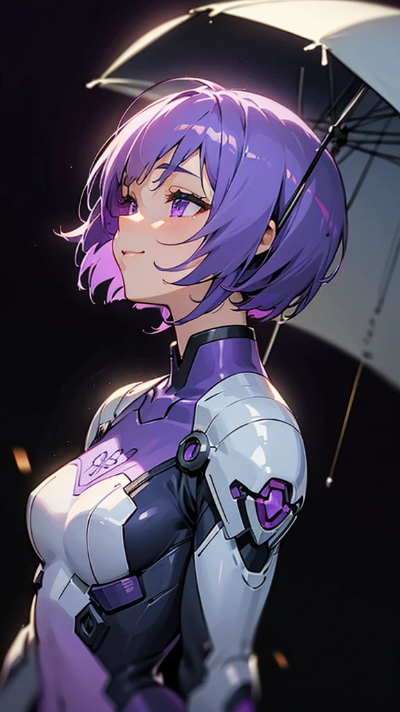 1 girl、8k、Sharp focus、(Bokeh) (Highest quality) (Detailed skin:1.3) (Intricate details) (anime)、Purple short bob hair, Violet Eyes、White and blue pilot suit、smile、profile、Upper body close-up