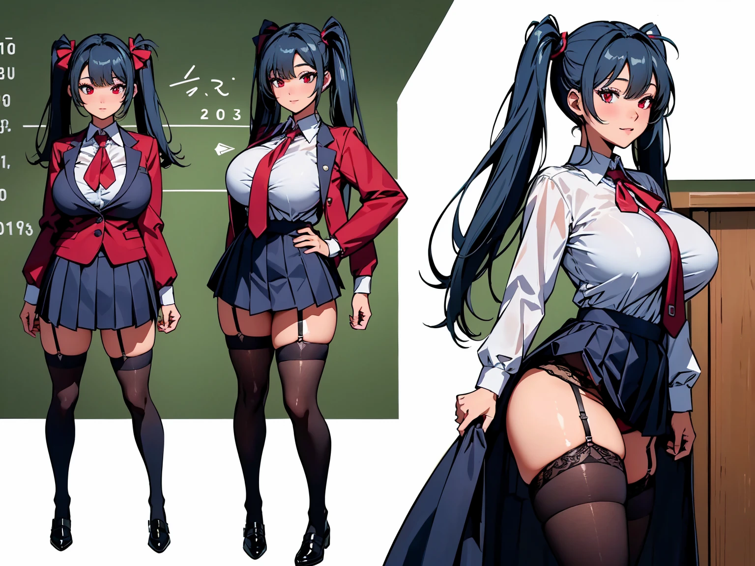 woman, student, sexy body, curvy body, big breasts, cleavage, red eyes, long straight black hair, ((twintail hairstyle)), big hip, ((stockings, garter belts, student uniform, school-uniform)), smiling, beautiful face, detailed face, very detailed, beautiful eyes, full body, full body shot, high quality, detailed background, high resolution, 8k resolution, ultra high detail, character sheet, references