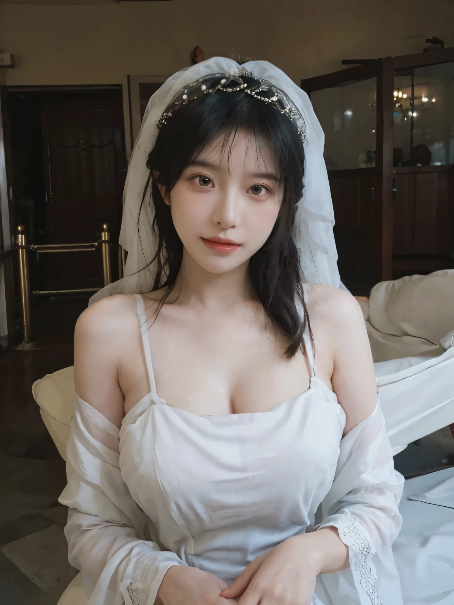Portrait photography,1 girl,veil,Floor length wedding dress,Wedding dress background,(whole body:1.4),Exposed breasts,(Big breasts:1.4),(Realistic and detailed eyes,Natural skin texture,Realistic facial details),