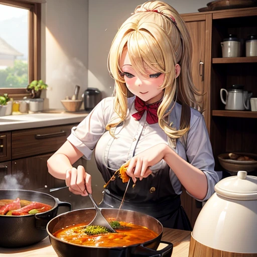 A blonde woman making chanko curry huge pot