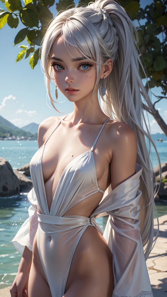 (best quality, masterpiece:1.2), ultra high res, realistic, front lighting, intricate detail, Exquisite details and textures, 1girl, solo ,(young), face highlight, upper body, detailed face, tear mole, white skin, silver hair, ponytail, braid hair, looking at viewer, big eyes, silk robe, (hollow pattern, white, silk), blue stripe bikini,earrings, small breasts, slim body, natural lighting, photon mapping, radiosity, physically-based rendering,waterfront background