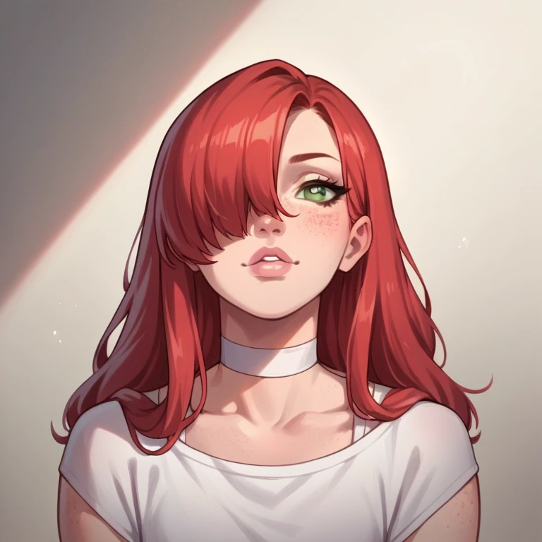 score_9,score_8_up,score_7_up,score_6_up,score_5_up,score_4_up, 1girl, pretty girl, red hair, in straight hair, hair over 1 eye, cute nose. seductive lip, seductive, white choker, pink lips, freckles, green eyes