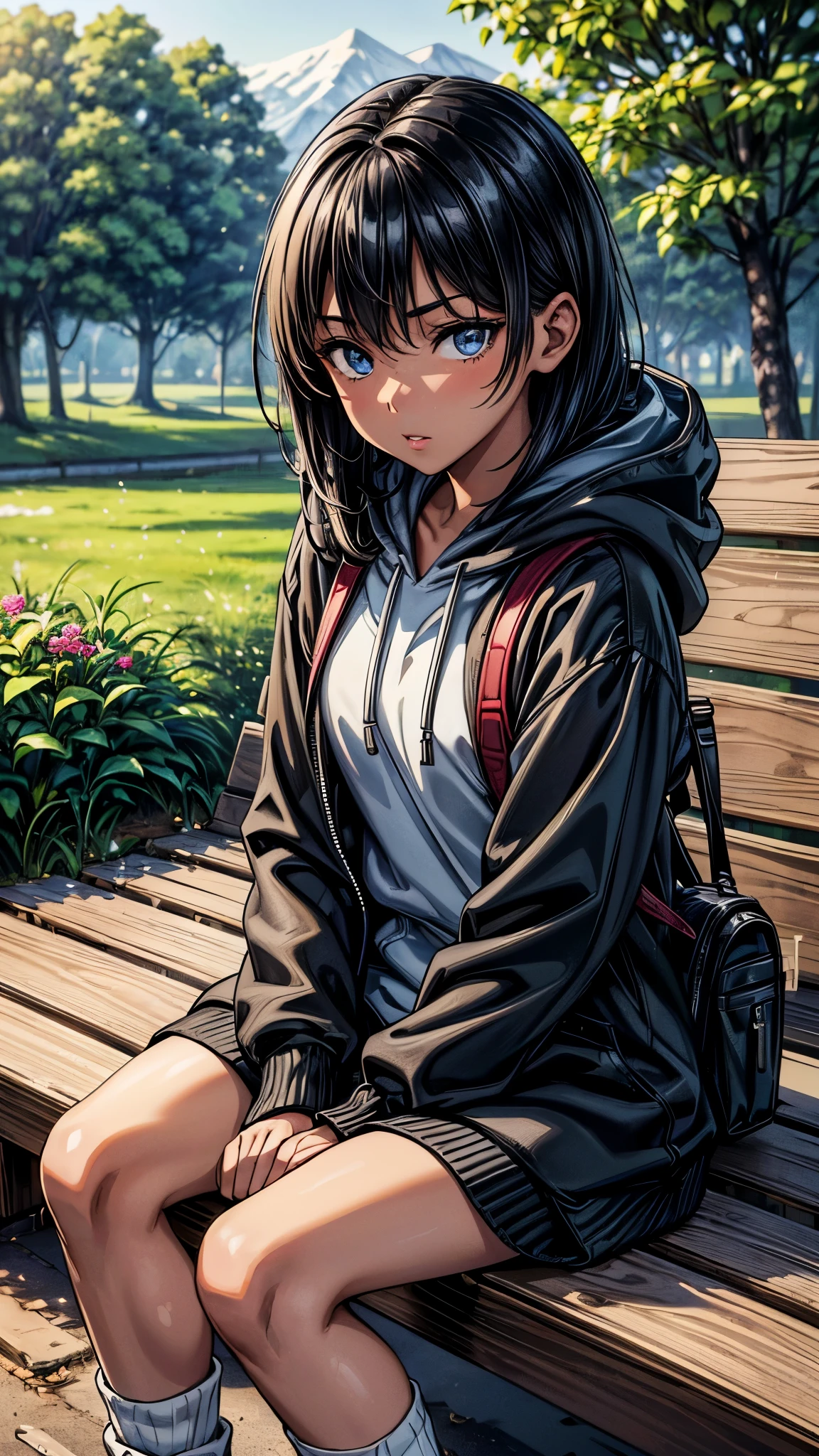 ((2.0look away),((face close up)),beautiful detailed eyes, beautiful detailed lips, extremely detailed eyes and face, longeyelashes, 1 Japanese girl, outside the countryside,16 years old,((dark skin color2.0)), (very short black hair),displeased,casual ((white Parka/hoodie)),((Five quarter spandex)),((loose socks2.0)),blue sneaker, rucksack, the countryside,sitting on the bench,best quality, 4k, 8k, highres, masterpiece:1.2, ultra-detailed, realistic, photorealistic, photo-realistic:1.37, HDR, UHD, studio lighting, ultra-fine painting, sharp focus, physically-based rendering, extreme detail description, professional, vivid colors, bokeh, portraits