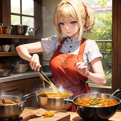 A blonde woman making chanko curry　huge pot