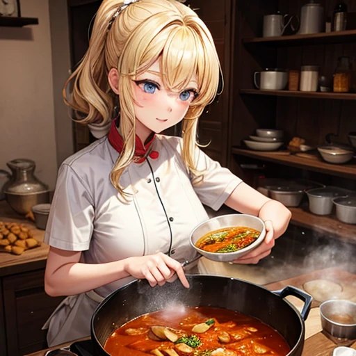 A blonde woman making chanko curry　huge pot