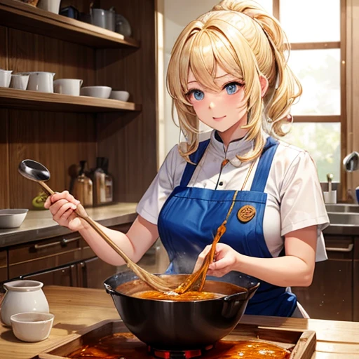 A blonde woman making chanko curry huge pot