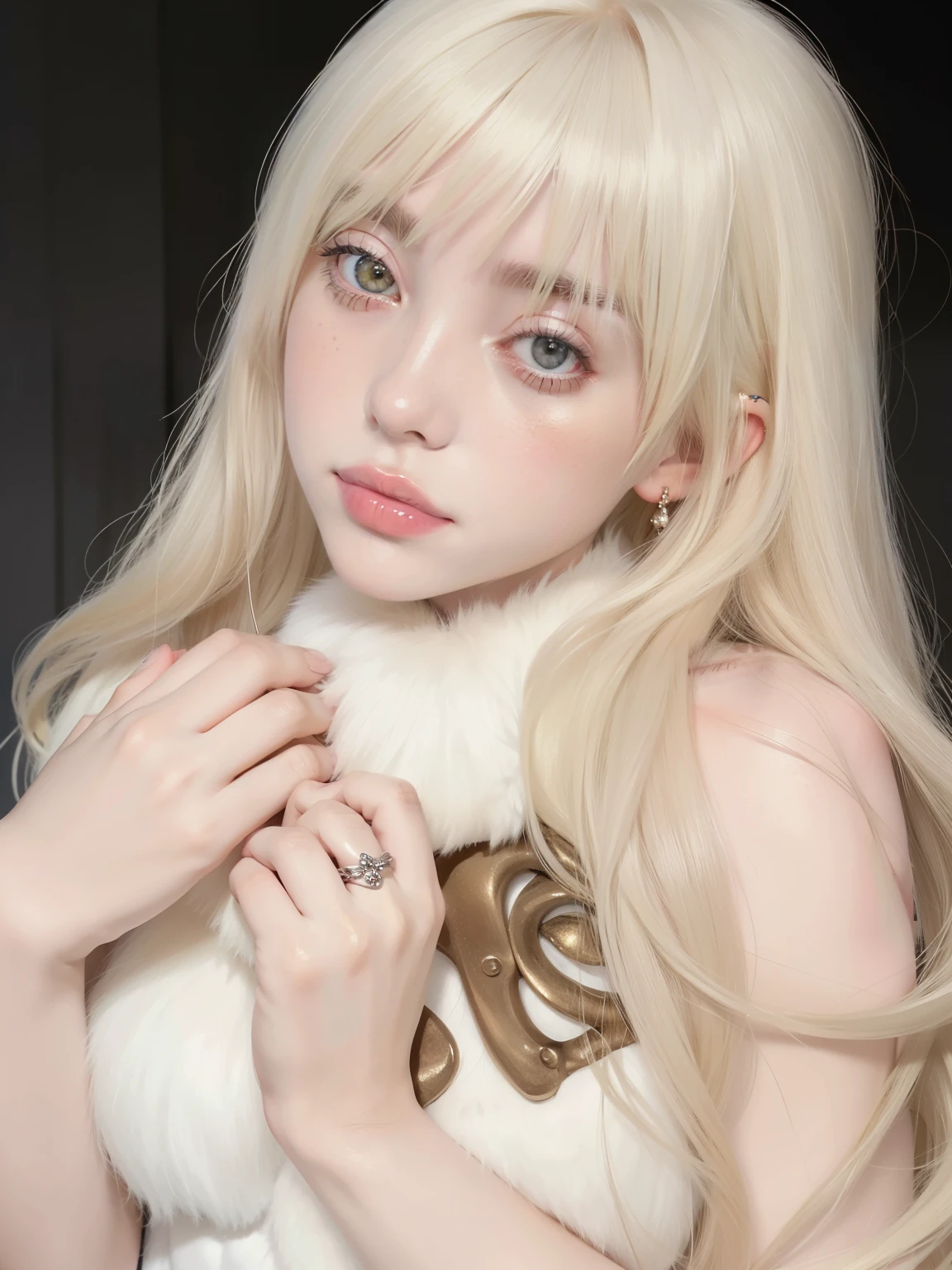 araffe with long blonde hair and a white fur collar, long blonde hair and big eyes, belle delphine, long blonde hair and large eyes, very beautiful cute catgirl, shikamimi, long white hair and bangs, ultrarealistic sweet bunny girl, lalisa manobal, with white long hair, white hime cut hairstyle, blonde hair and large eyes