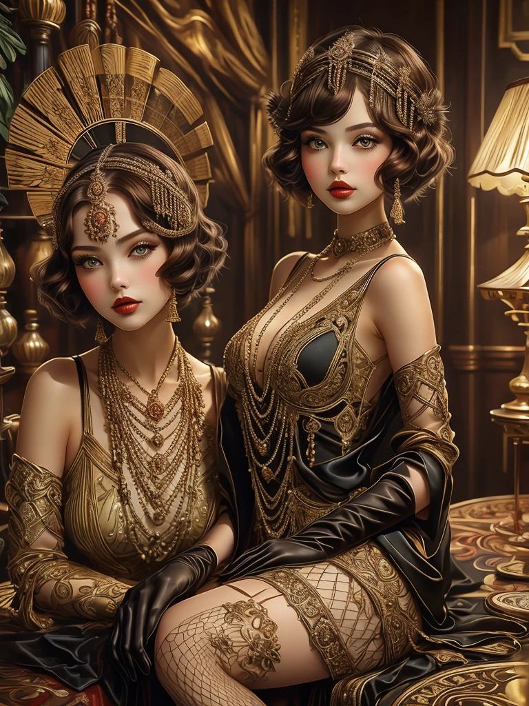 (​masterpiece, Best quality:1.2),extremely beautiful, realisti,xcharleston-Stil, 1 girl, alone, Brown hair, gloves, gown, Hold, brown eyes, jewellery, black gloves, elbow gloves, 项链, Fishnet stockings, Hand fan, realisti, Folding fans